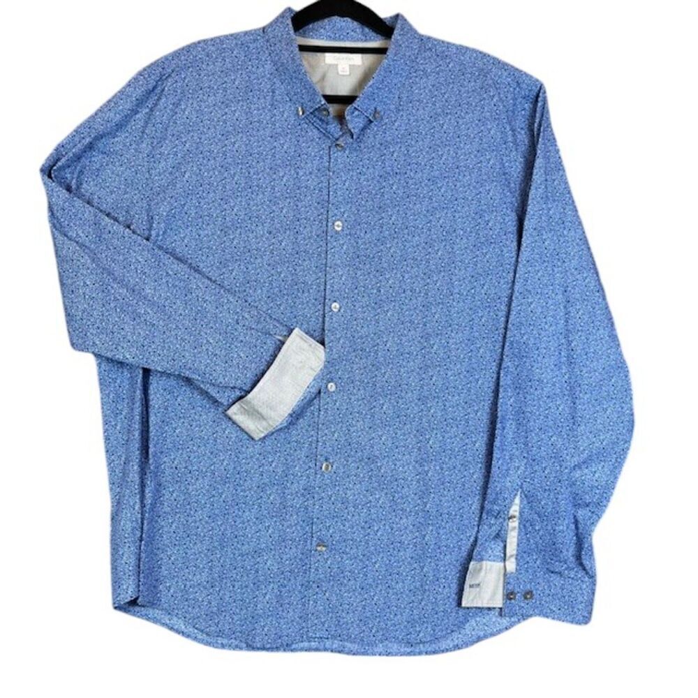Calvin Klein Button Front Shirt Speckled Blues XXL Long Sleeve Roll Tab Blue XXL